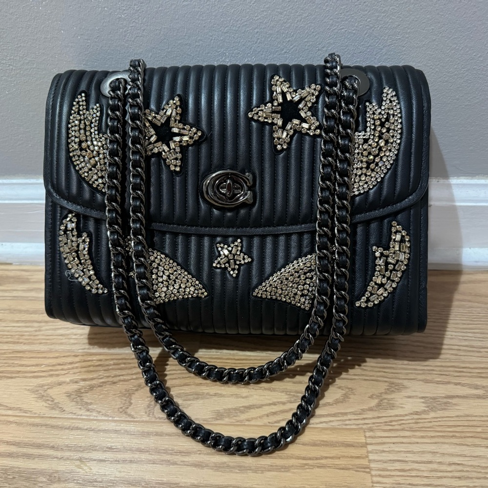 Coach Black Quilted Shoulder Bag with Gold Beaded Star & Moon Accents